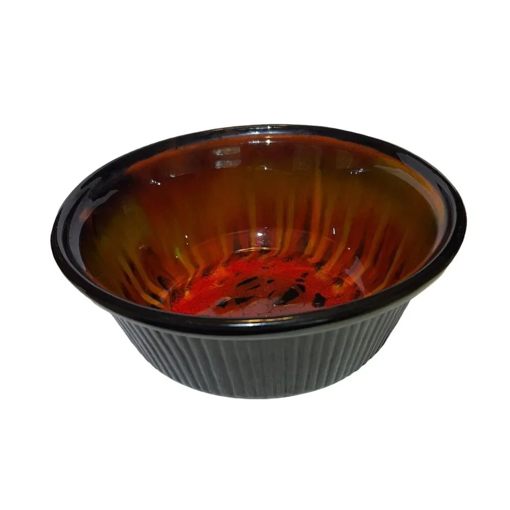 Drip Glazed Pottery Bowl Large 9.5x4 Brown Trinket Jewelry Holder Ribbed &‎ Lid